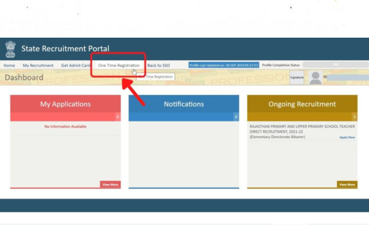 The candidate should now click the One Time Registration
