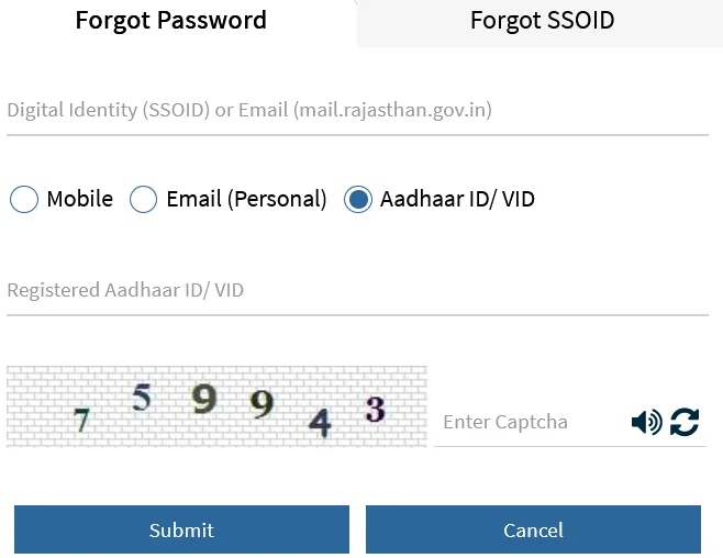 Rajasthan Sso Id Forgot Password by Aadhaar