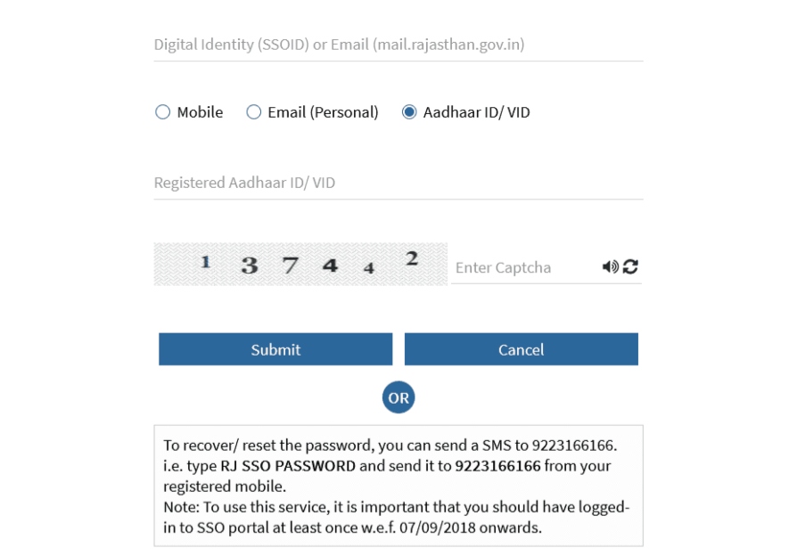 Reset SSO Rajasthan Password