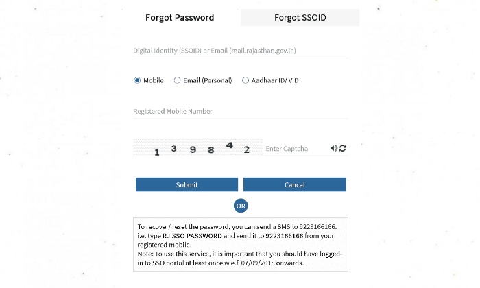 SSO RAJASTHAN PORTAL Password Recover